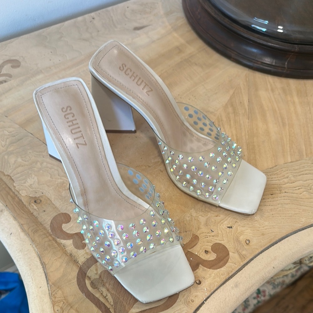 SCHUTZ Cream Iridescent Studded Mules